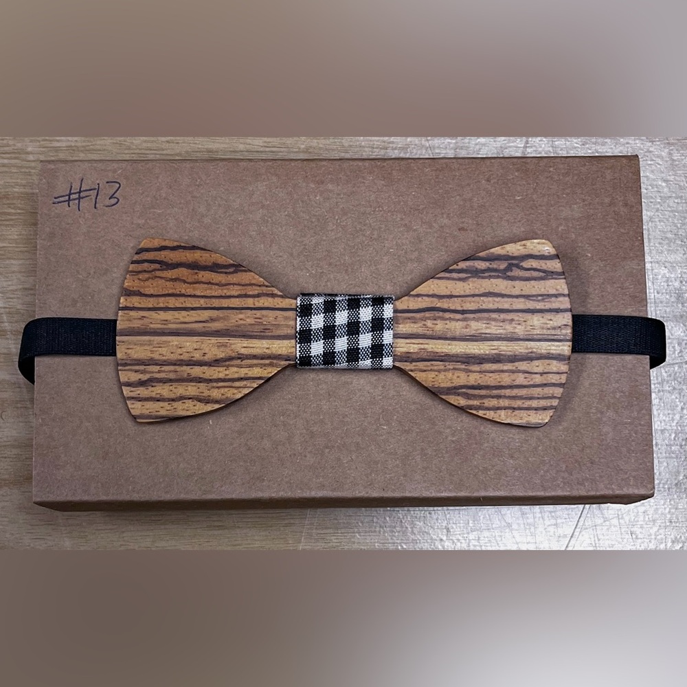 Wooden Bow Tie with Checkered Center
